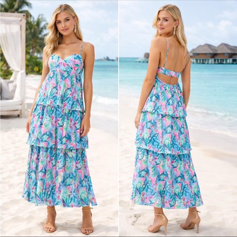 Saylor Tropical Tiered Maxi Dress Floral Resort Beach Sundress XS 36003